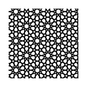 以下が含まれることがあります： 白黒の幾何学模様。星と連動する形状の複雑な配置が特徴で、視覚的に複雑で対称的な構成を作り出しています。さまざまなデザイン用途に適しています。