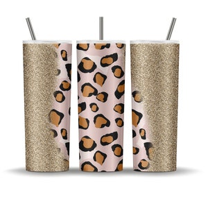 20oz Skinny Tumbler Sublimation Leopard Gold Glitter Brushstrokes Tumbler for Straight Tumbler PNG File Digital Download