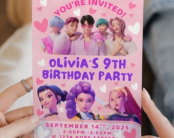 May include: A pink birthday party invitation with the text "YOU'RE INVITED!" and "OLIVIA'S 9TH BIRTHDAY PARTY". The invitation includes cartoon illustrations of people and hearts. The date and time are also included.