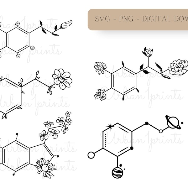 Chemical structure Svg, Floral Serotonin Svg, Flower Dopamine Svg, Science Svg, Molecular structure Svg, Cricut, Png Bundle