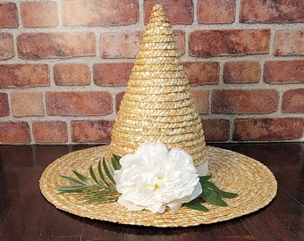 White Flower with Green Foliage 18-inch Floral Straw Witch Hat