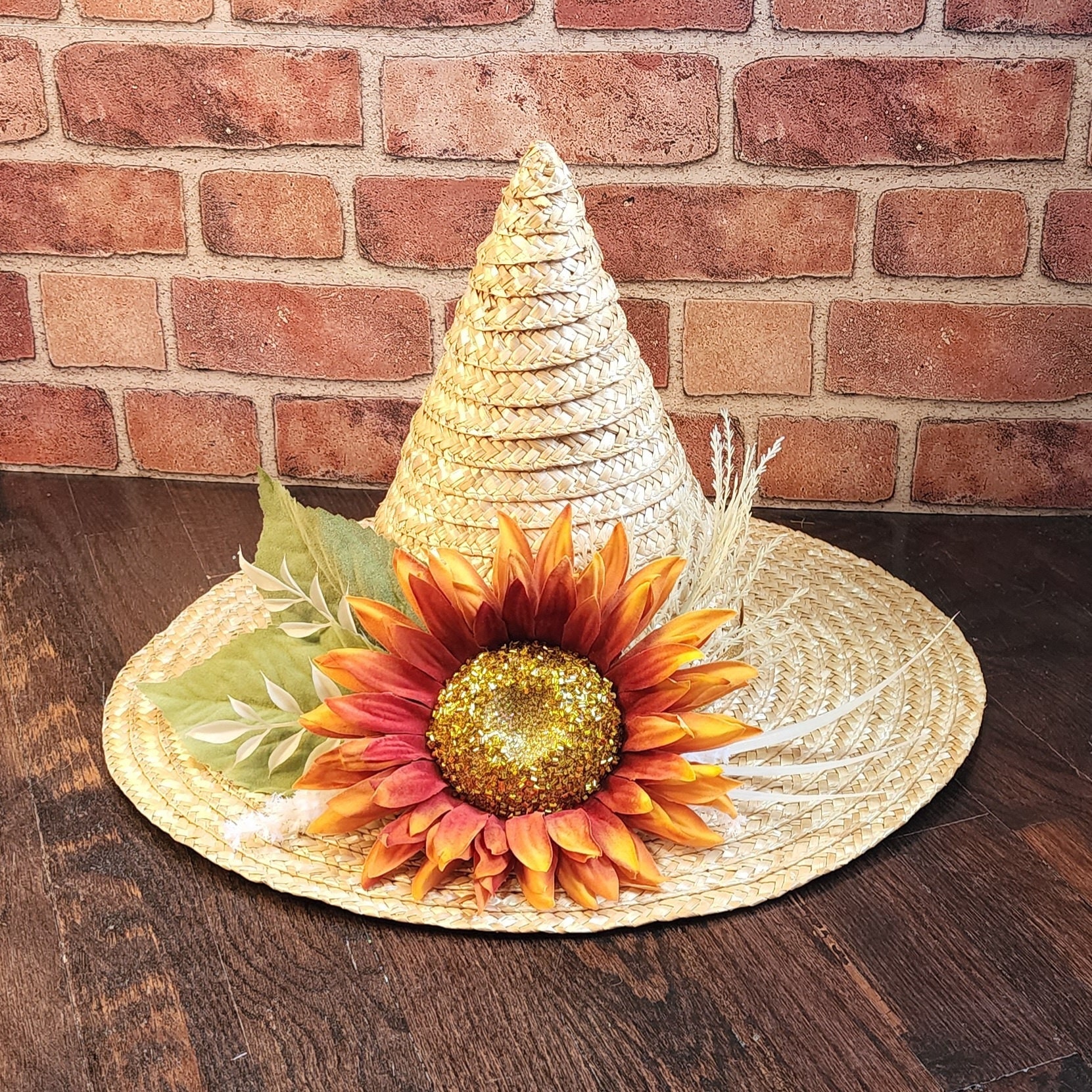 Budget-Wise GROOVY GLAM Handmade Wide Brim Straw Hat with Sunflowers  Detail, sunflower straw cover