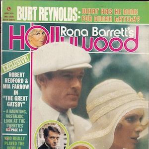 Puede incluir: Una portada de revista vintage con Burt Reynolds y el título "Rona Barrett's Hollywood" y el texto "Burt Reynolds: What has he done for Dinah lately?"