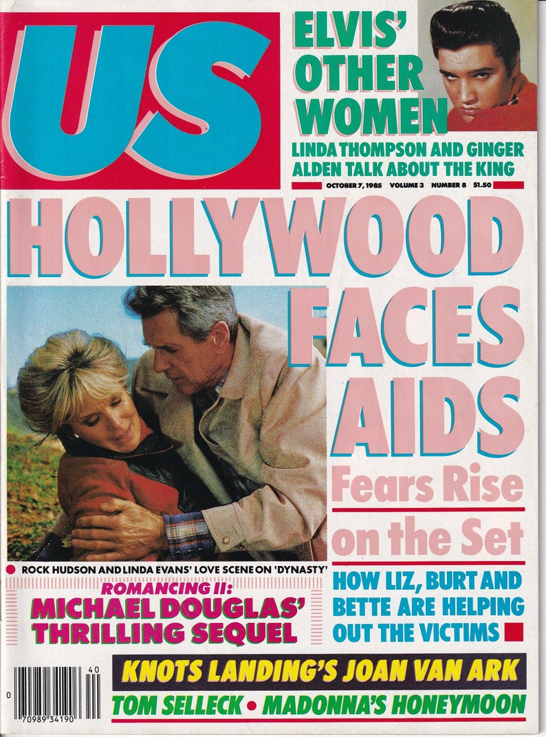 US Magazine October 7, 1985, Rock Hudson, Michael Douglas, Knots Landing, Joan Van Ark, Tom Selleck, Madonna, Elvis, Linda Thompson, image 1