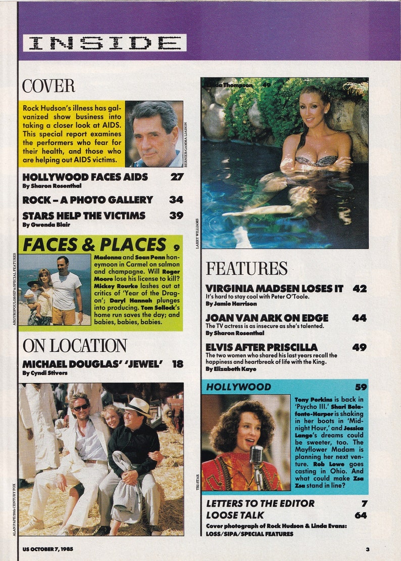 US Magazine October 7, 1985, Rock Hudson, Michael Douglas, Knots Landing, Joan Van Ark, Tom Selleck, Madonna, Elvis, Linda Thompson, image 2