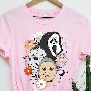 Cute Horror Movie Shirt | Pink or Soft Cream Halloween Tee | Retro Spooky Character T-Shirt | Ghostface Jason Michael Myers Horror Fan Gift