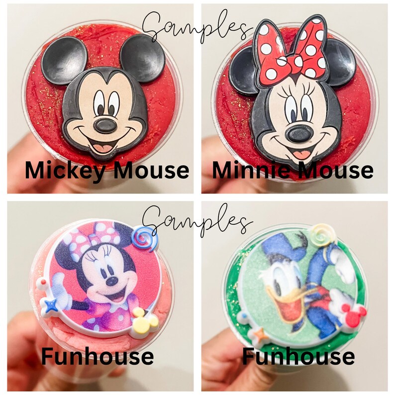 K&ouml;nnte beinhalten: Vier runde Beh&auml;lter mit verschiedenen Disney-Charakterdesigns. Die Beh&auml;lter sind mit rotem, rosa, gr&uuml;nem und rotem Schleim gef&uuml;llt. Die Beh&auml;lter sind mit "Mickey Mouse", "Minnie Mouse", "Funhouse" und "Funhouse" beschriftet.