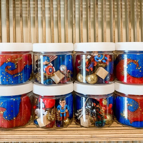 Superhero Play Dough Jars Superhero Party Favors Superhero Etsy