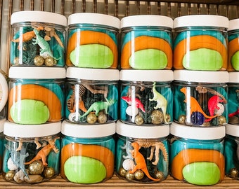 Dinosaur Party Favors: Custom Play Dough Jars with Dino Figures