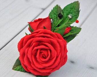 Red rose hair clip Pinup hair flower rockabilly