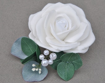 White rose wedding flower hair clip Eucalyptus pearl bridal hair piece