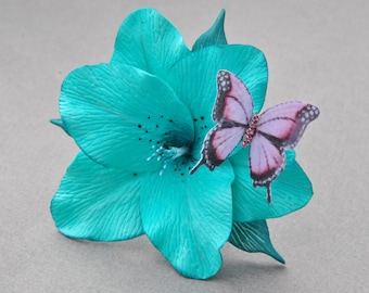 Lily flower hair clip Butterfly hair piece bridal Turquoise flower hair clip Tropical wedding headpiece
