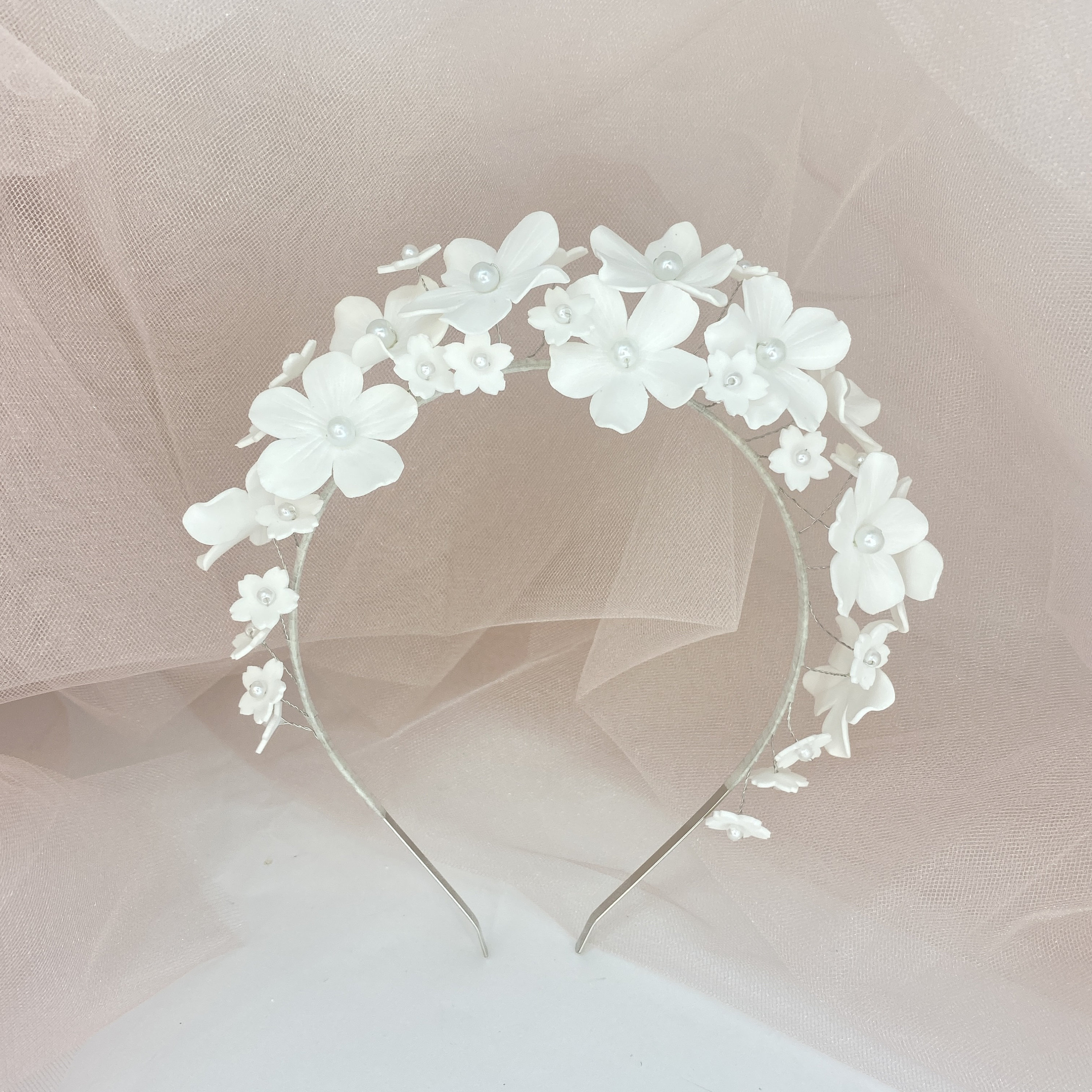 White Floral Bridal Headband: Pearl Flower Wedding Hair Piece