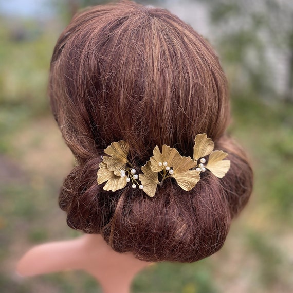 Gold Leaf Hair Pins Gingko Leaf Pearls Hair Pin Bridal Hair Pieces