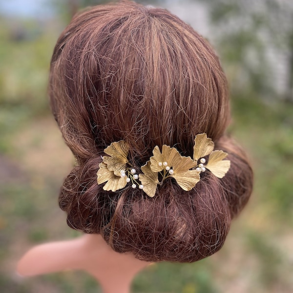 Gold leaf hair pins Gingko leaf pearls hair pin Bridal hair pieces