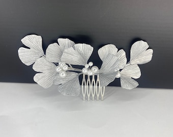 Silver Gingko Leaf Bridal Hair Comb: Handmade Wedding Headpiece