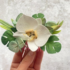 Tropical flower hair clip Orchid hair piece bridal Hawaii wedding headpiece monstera, eucalyptus