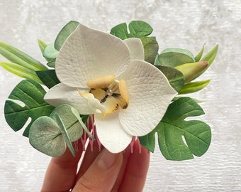 Tropical flower hair clip Orchid hair piece bridal Hawaii wedding headpiece monstera, eucalyptus