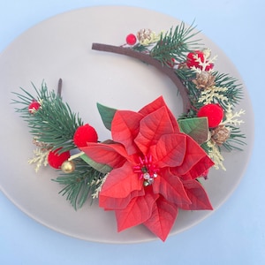 Red Poinsettia Flower Crown: Christmas Wedding Headpiece