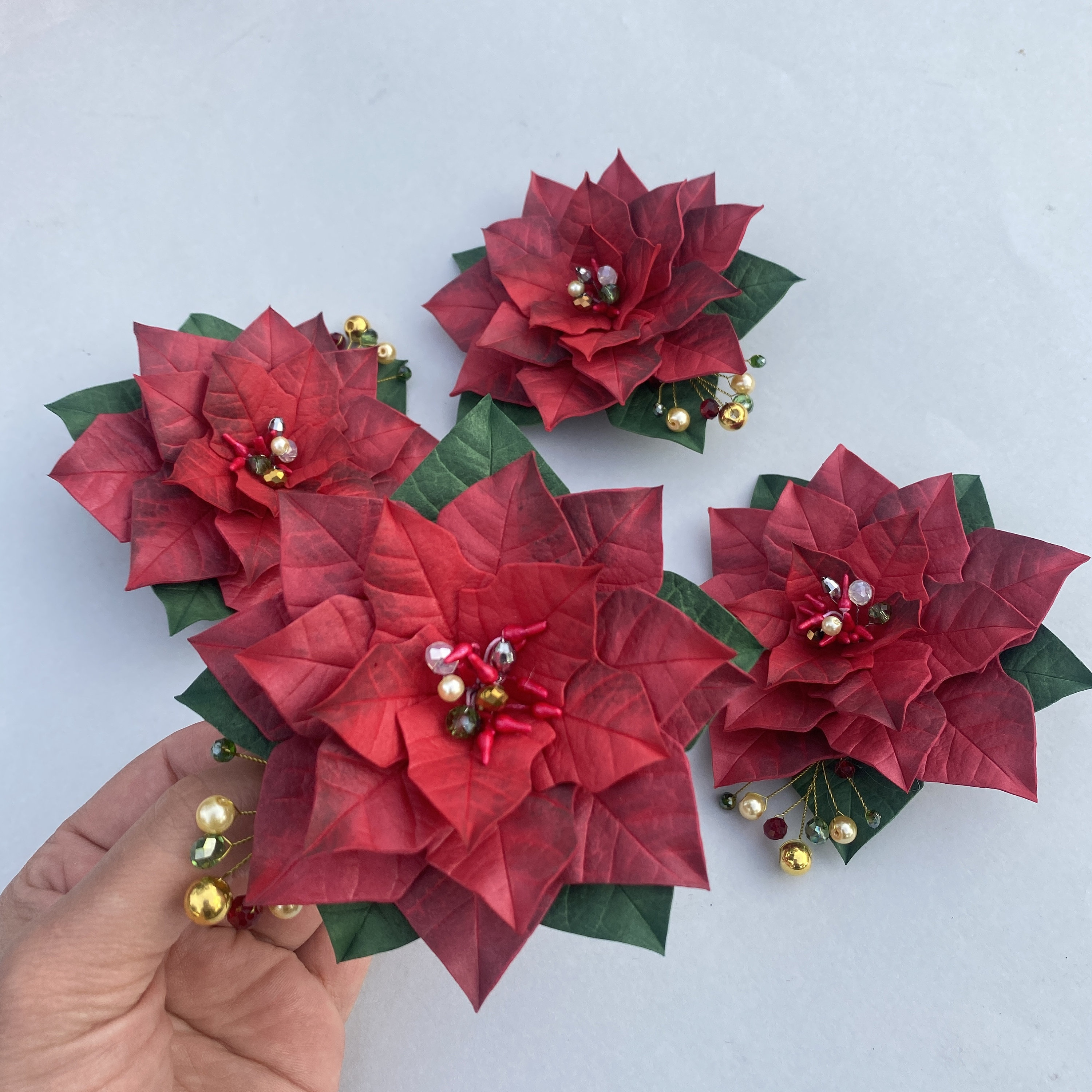 Handmade Red Velvet Poinsettia Holiday Hair Flower Clip‎ Pinup Rockabilly Xmas New Pink POINSETTIA Fabric Floral Pin-up | Mercari main image 4