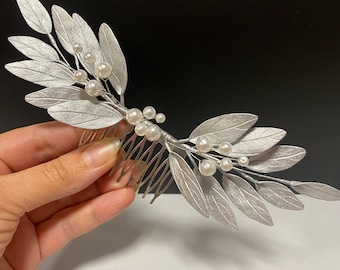 Silver Leaf Bridal Hair Comb: Grecian Pearl Headpiece