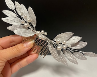 Silver leaf hair comb Grecian style headpiece Bridal hair comb leaves and pearls Bridesmaid hair accessories