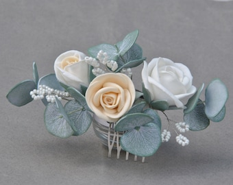 Handmade Eucalyptus Rose Wedding Hair Comb: Floral Bridal Headpiece