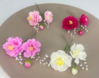 Sakura hair pin Cherry blossom hair clip Pink flower wedding hair pins Pearl bridal hair piece Spring wedding realistiс hair flower