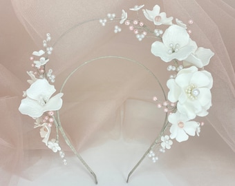 Handmade Faux Pearl Flower Wedding Halo Headband: Boho Bridal Crown