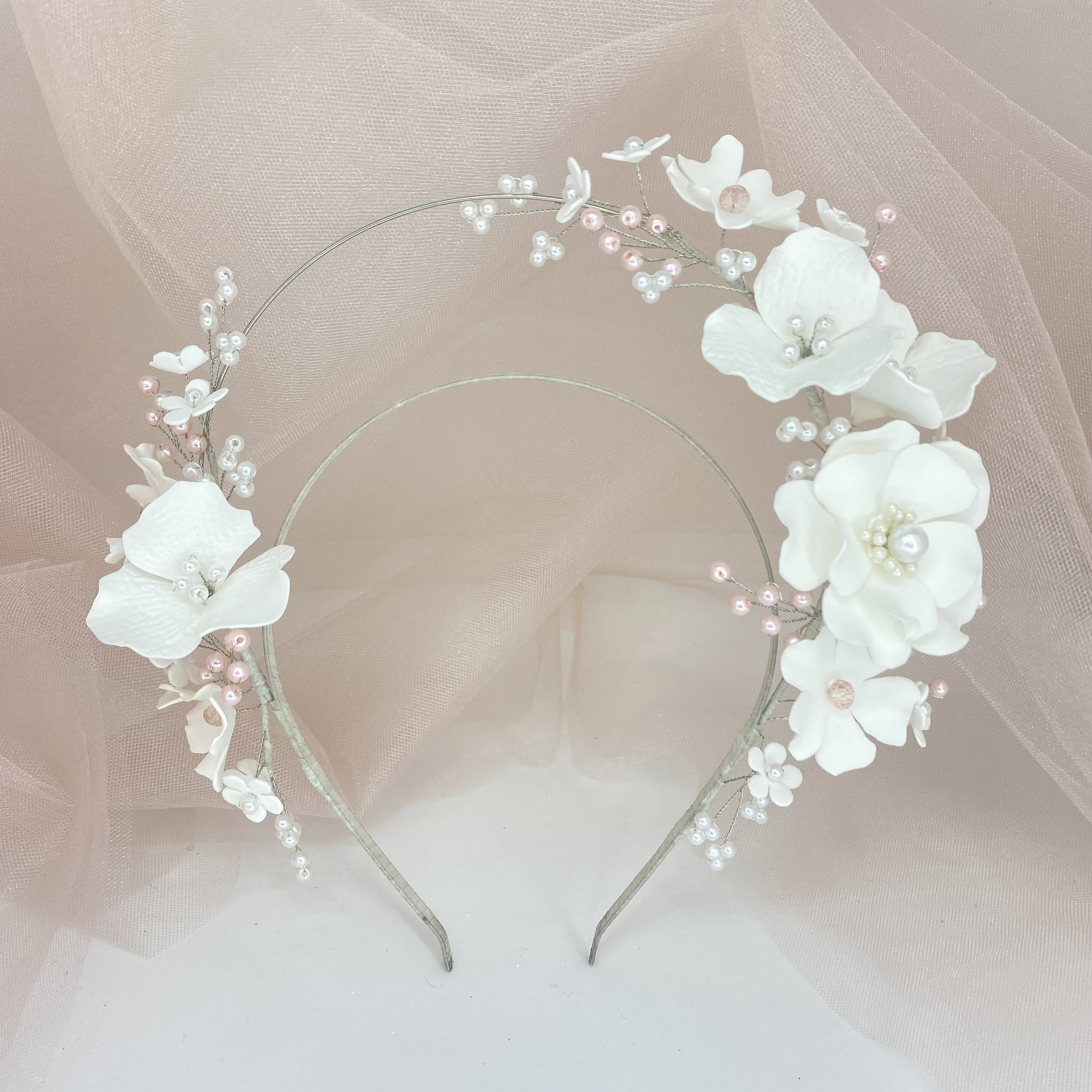 Handmade Faux Pearl Flower Wedding Halo Headband: Boho 