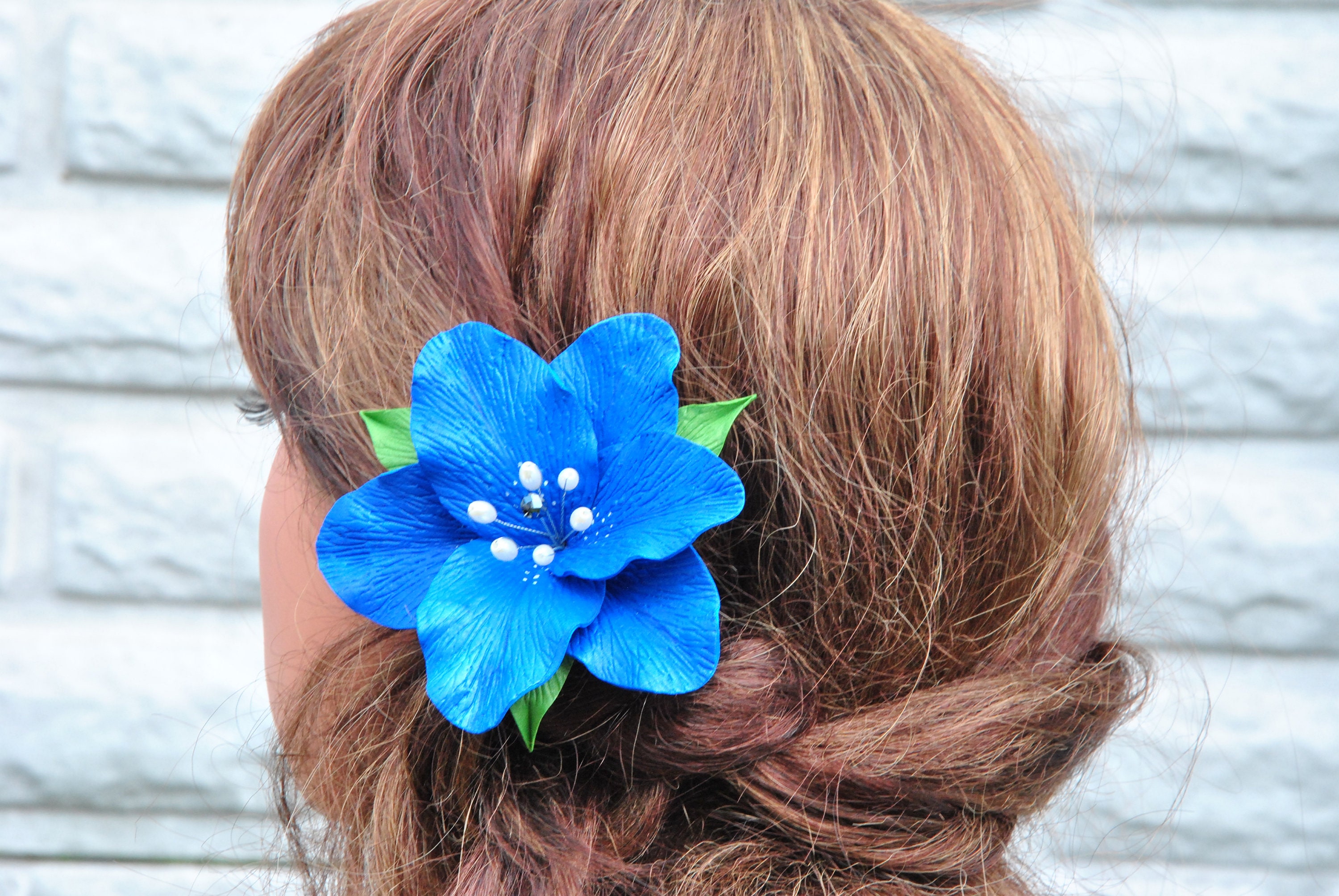 Royal blue flower hair clip Lily hair piece Tropical Etsy
