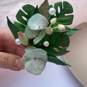 Monstera Eucalyptus Wedding Boutonniere: Tropical Greenery Brooch