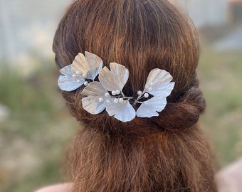 Ginko leaf hair pin Silver leaf hair piece bridal Gold gingko headpiece wedding