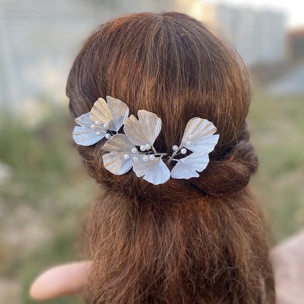 Ginko leaf hair pin Silver leaf hair piece bridal Gold gingko headpiece wedding