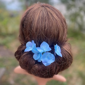 May include: A blue flower hair clip with five flower petals. The flower is made of fabric and has a light blue color.