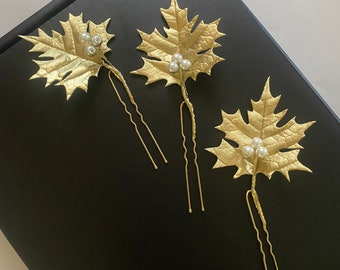 Épingles à cheveux à feuilles d’or Épingle à cheveux à feuille d’érable Accessoires de cheveux en or Pièce de cheveux de mariée Épingles à cheveux de mariage perle De noix De mariée