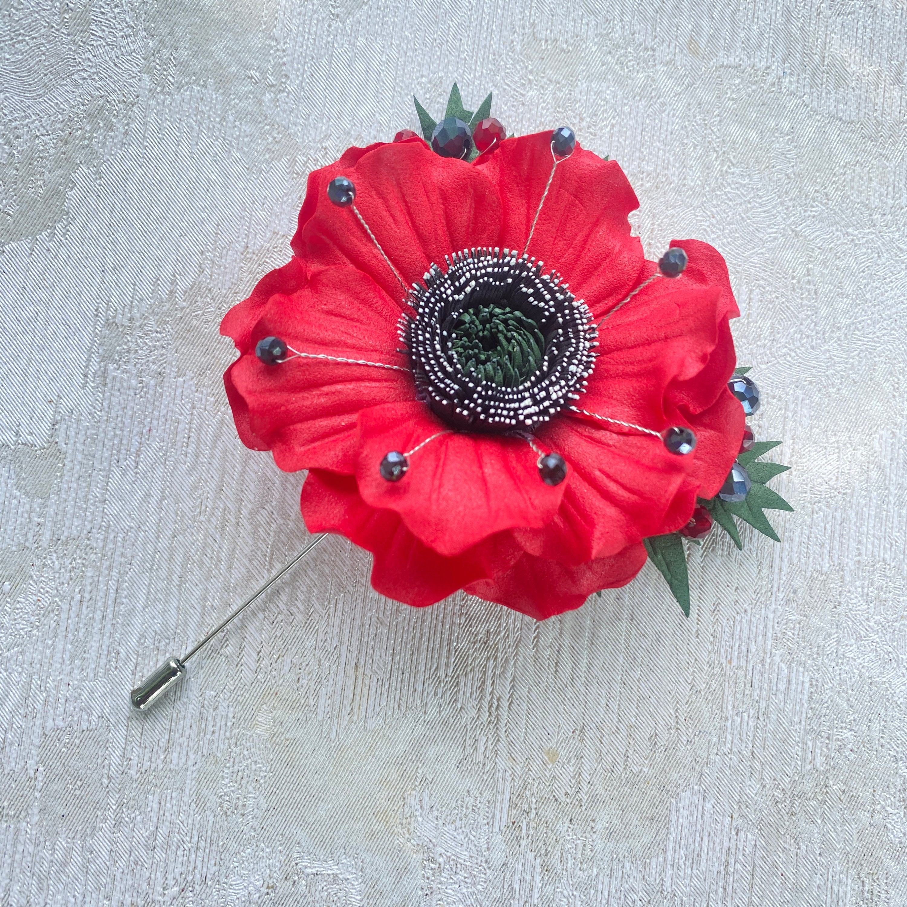 Handmade Red & Lime Flower Fabric Brooch With Black Crystal | Poppy Pin Badge | UK Seller