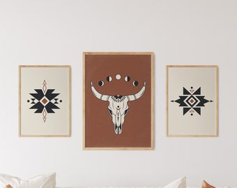 Set of 3 Aztec Wall Art, Buffalo Skull Decor, Southwestern Print, Boho Gallery Wall Set, Bull Skull Wall Hanging, Western Poster, Boho Print