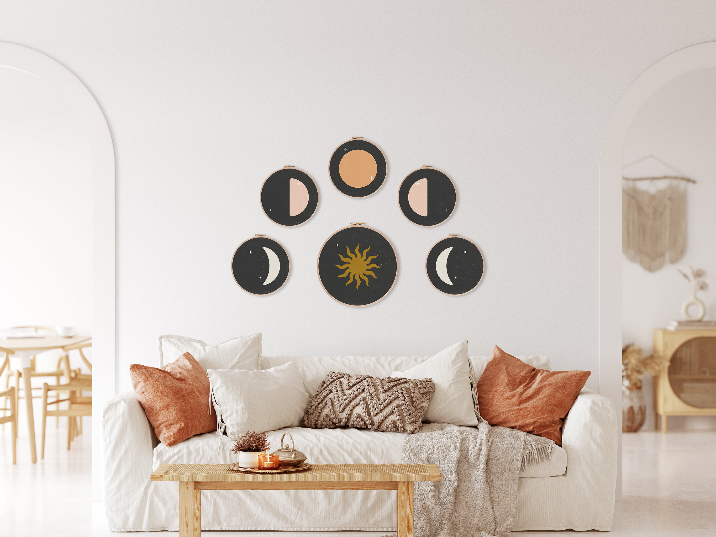 Set of 6 Moon Phase Wall Art, Moon Phase Wall Hanging, Bohemian Wall ...