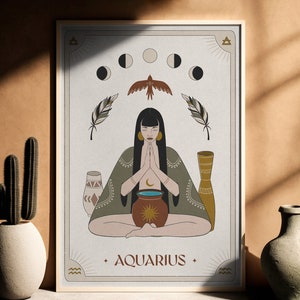 Aquarius Zodiac Print, Boho Style Astrology Wall Art, Horoscope Poster, Celestial Illustration, Star Sign Home Decor with Natural Colours