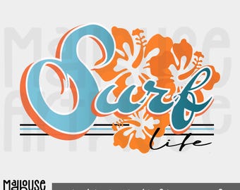Retro Surf with Hibiscus PNG | Surf typography SVG | Summer Sublimation |  Surf Sublimation File | Beach Clipart | Summer SVG