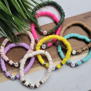 Beaded Initial Bracelet, Heishi Clay Beads, Custom Letter Jewelry, Personalized Frienship Bracelet, Easter Basket Stuffer, Gifts for Girls