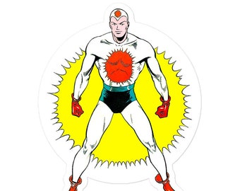 ¡Pegatina de cómic! ¡Rayo atómico!  ¡Con el poder de la energía atómica!