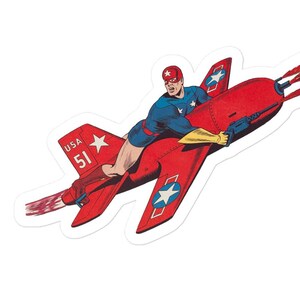 Comic book sticker! Rocketing to the rescue!