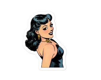 Comic book sticker! Woman looking back with a smile