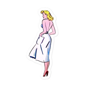 Comic book sticker! Pretty woman smiling in a white dress