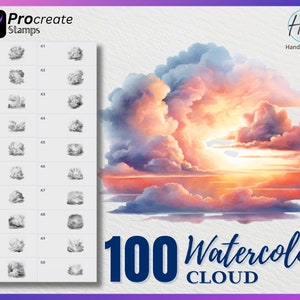 100 Procreate aquarel Cloud-stempels, Cloud-stempels voor voortplanting, aquarel Cloud-procreate-stempel, aquarel Procreate-stempels