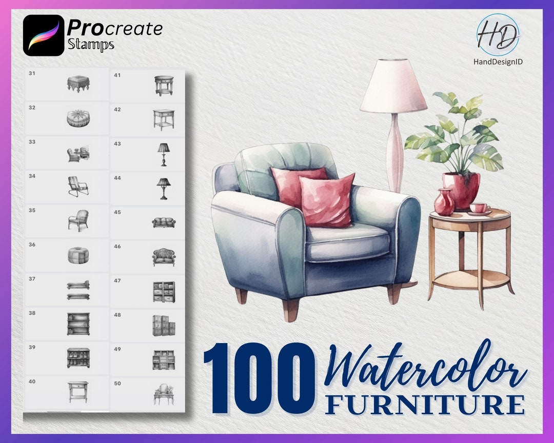 100 Watercolor Furniture Procreate Stamps (digital Download) - Etsy