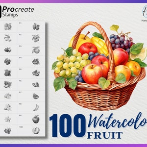 May include: A watercolour illustration of a wicker basket filled with apples, grapes, and peaches. The image also includes a panel of 20 black and white fruit stamps. The text reads "100 Watercolor Fruit".
