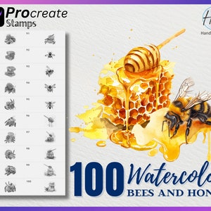 Puede incluir: 100 sellos de acuarela con abejas y miel. Los sellos son en blanco y negro e incluyen imágenes de abejas, panales y tarros de miel. La imagen también muestra una ilustración de acuarela de una abeja en un panal con miel goteando.